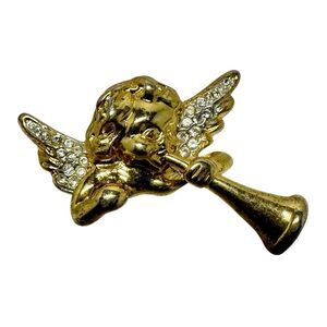 Vintage Gold Tone Trumpeting Angel Designer Cocktail Brooch Featuring Clear Pave